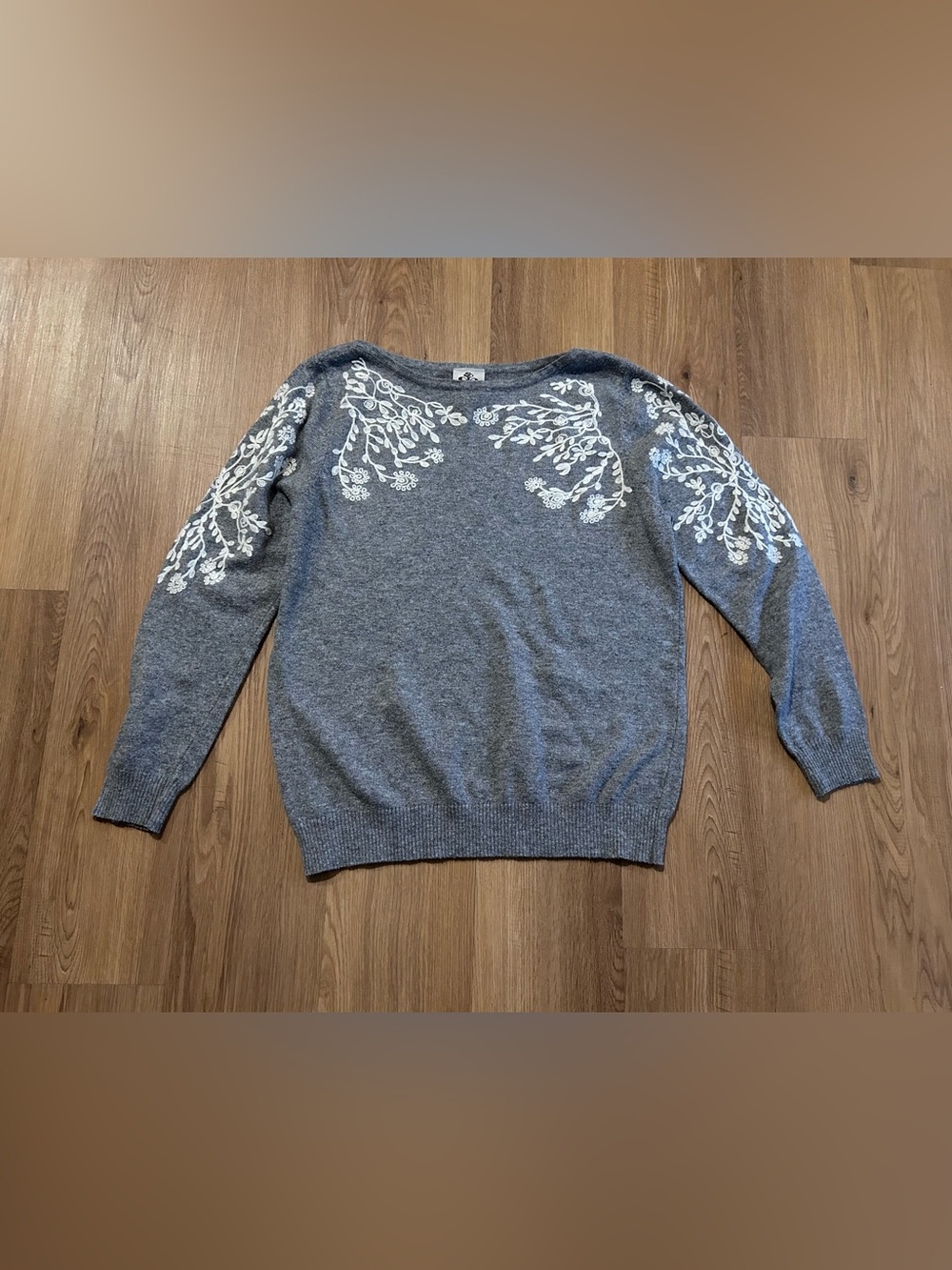 Gray Embroidered Crewneck Sweater with White Floral Detail Rain + Rose